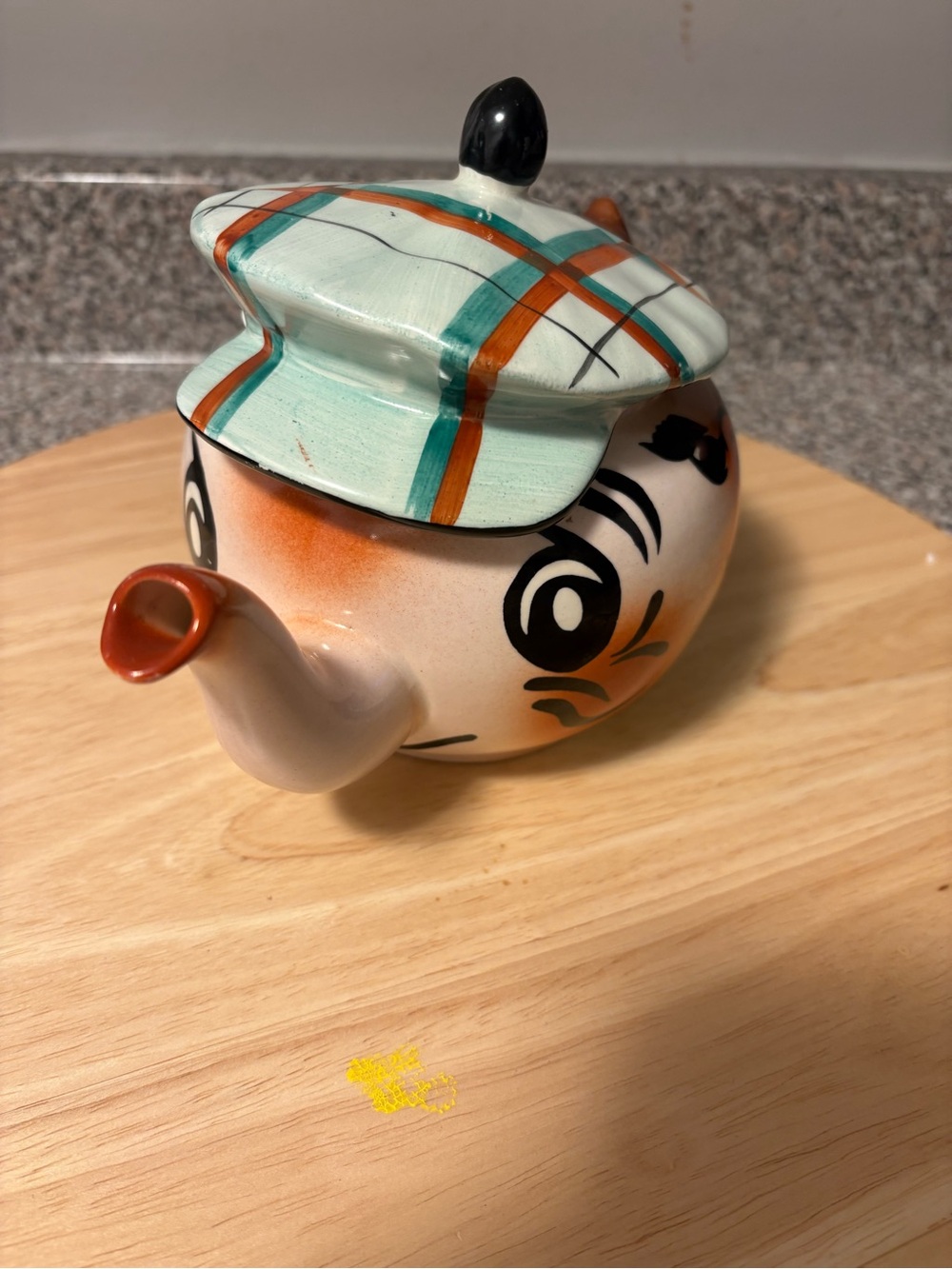 English Wade Andy Capp Ceramic Teapot - Mint Plaid Lid, Orange hat - handpainted